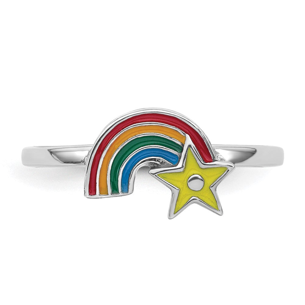 Sterling Silver Rhodium-plated Children's Enameled Rainbow with Star Ring