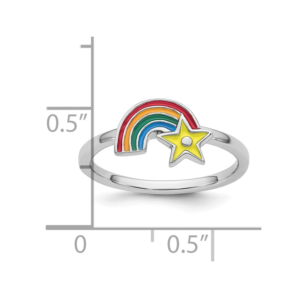 Sterling Silver Rhodium-plated Children's Enameled Rainbow with Star Ring