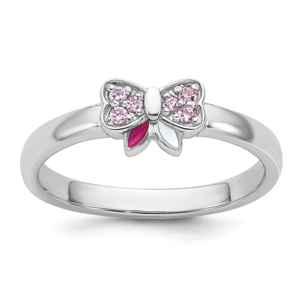 Sterling Silver Rhodium-plated Children's CZ Enamel Bow Ring