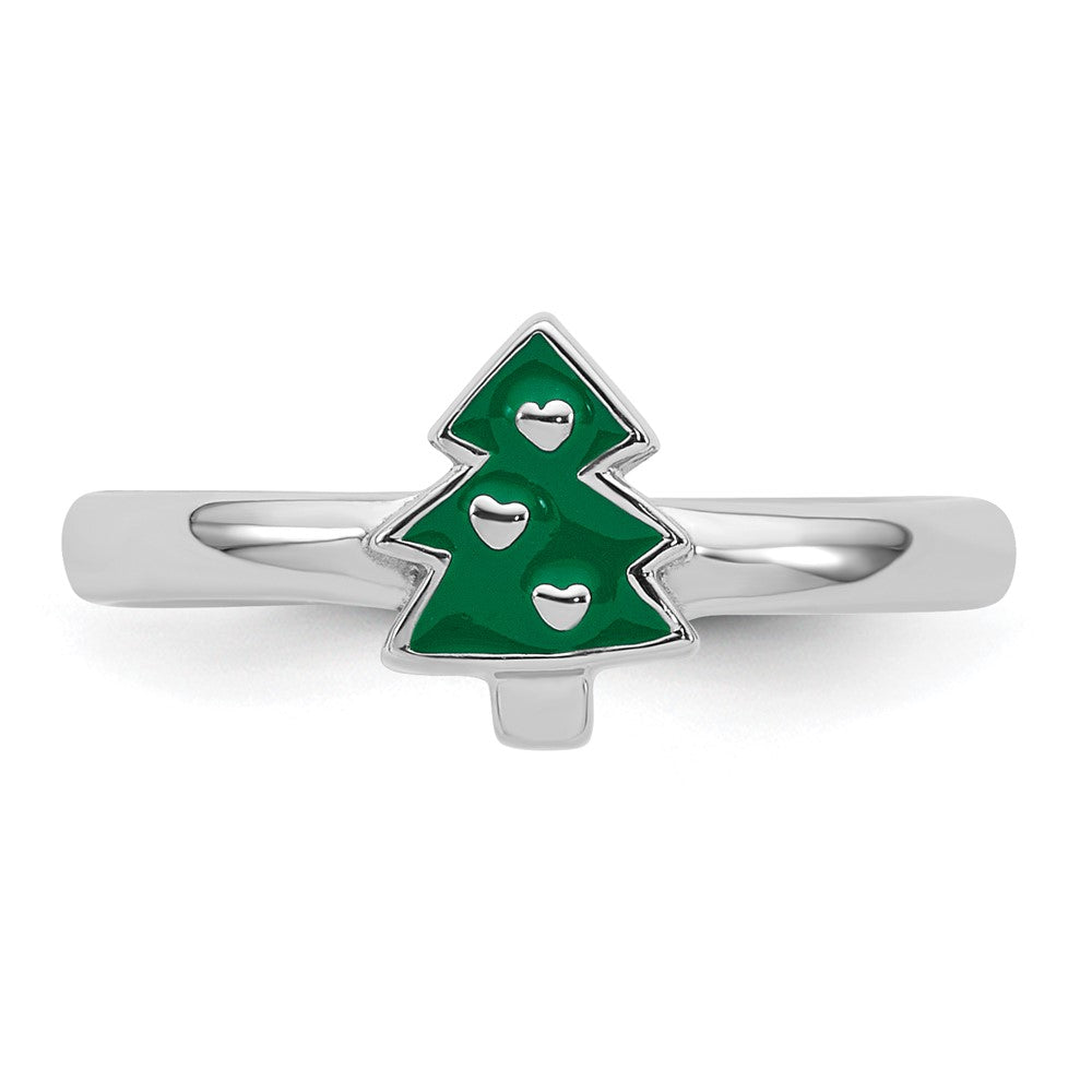 Sterling Silver Rhodium-plated Children's Enamel Christmas Tree Ring