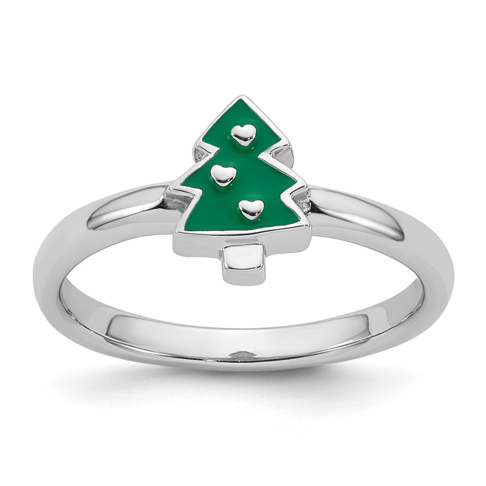 Sterling Silver Rhodium-plated Children's Enamel Christmas Tree Ring
