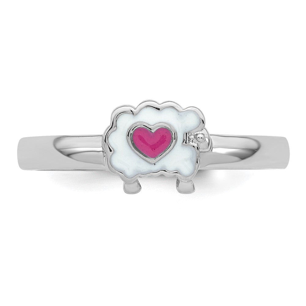 Sterling Silver Rhodium-plated Enamel Sheep w/Heart Ring