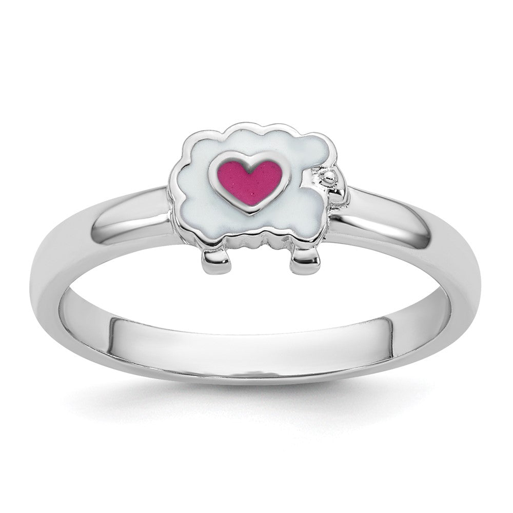 Sterling Silver Rhodium-plated Enamel Sheep w/Heart Ring