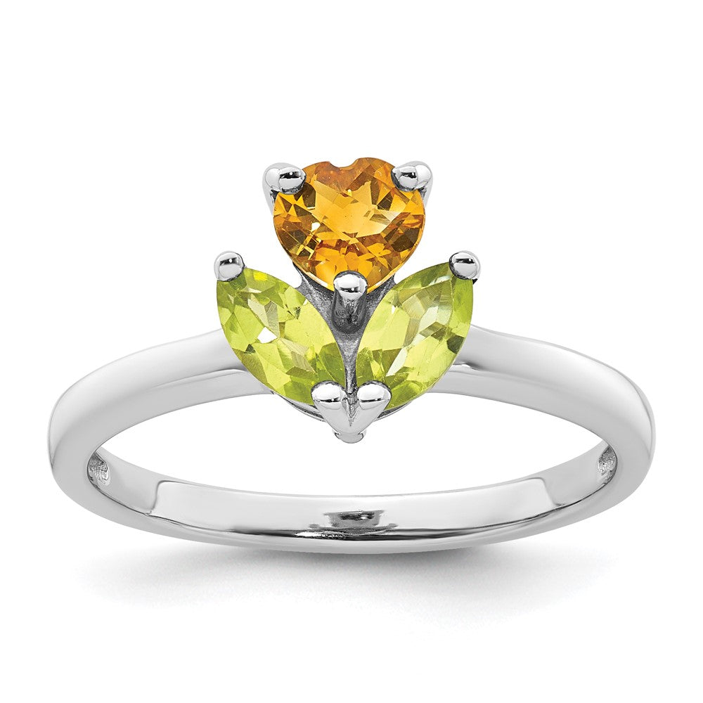 Sterling Silver RH-plated Polished Citrine and Peridot Flower Ring