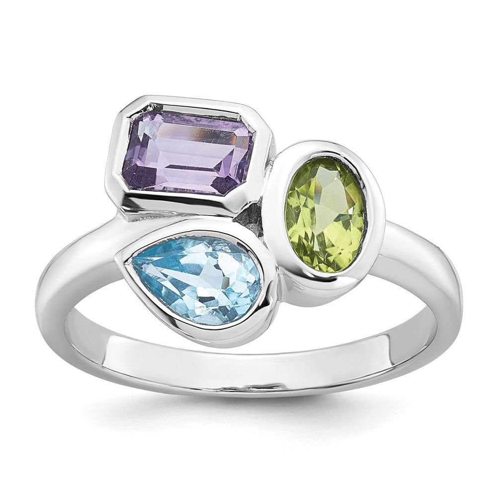 Sterling Silver RH-pltd Polished Blue Topaz/Peridot/Amethyst Ring