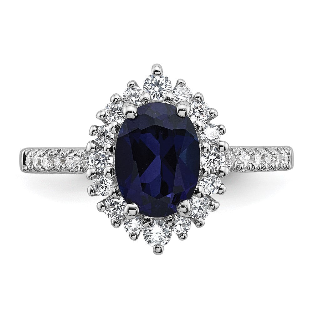 Sterling Silver RH-plated Polished Cr. Sapphire and CZ Oval Halo Ring