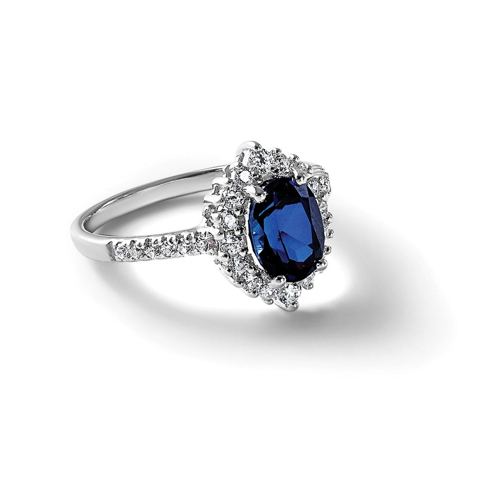 Sterling Silver RH-plated Polished Cr. Sapphire and CZ Oval Halo Ring