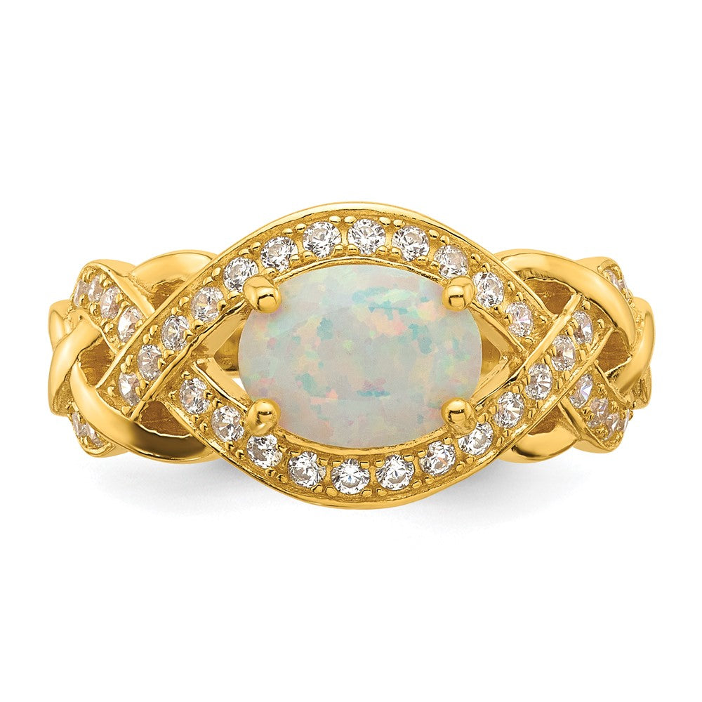 Sterling Silver Polished Gold-tone CZ and Created Opal Twisted Ring