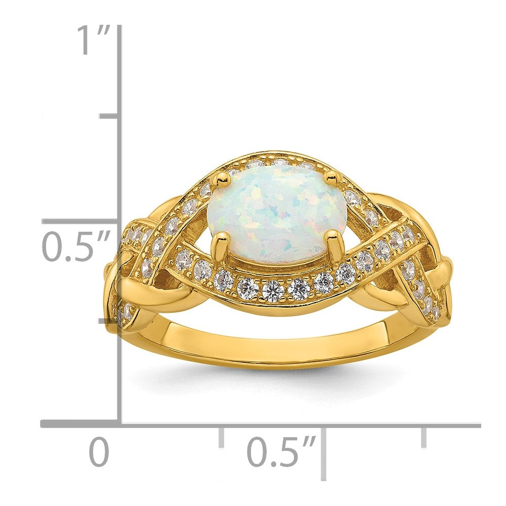 Sterling Silver Polished Gold-tone CZ and Created Opal Twisted Ring