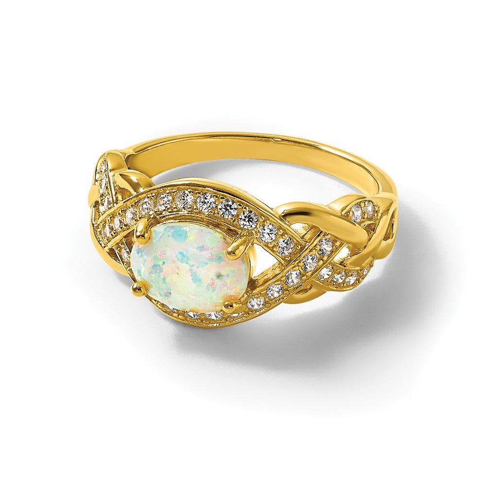 Sterling Silver Polished Gold-tone CZ and Created Opal Twisted Ring