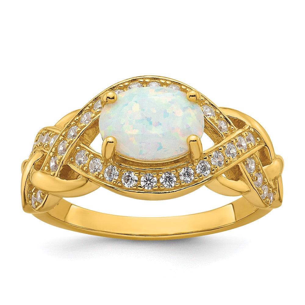 Sterling Silver Polished Gold-tone CZ and Created Opal Twisted Ring