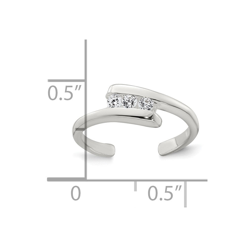 Sterling Silver Polished 3 Stone CZ Bypass Adjustable Toe Ring