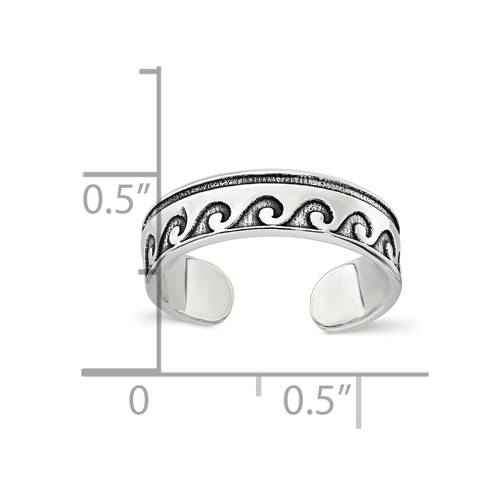 Sterling Silver Polished and Antiqued Waves Toe Ring