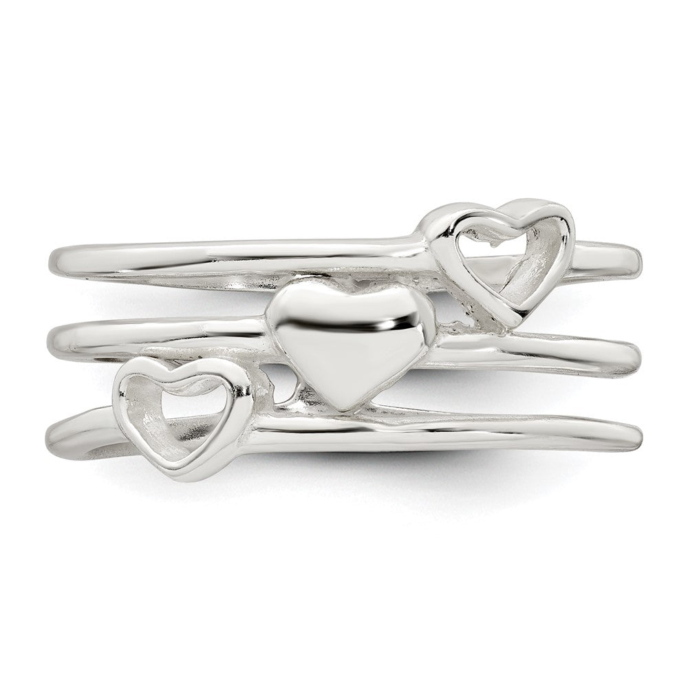 Sterling Silver Polished Hearts 3 Band Ring