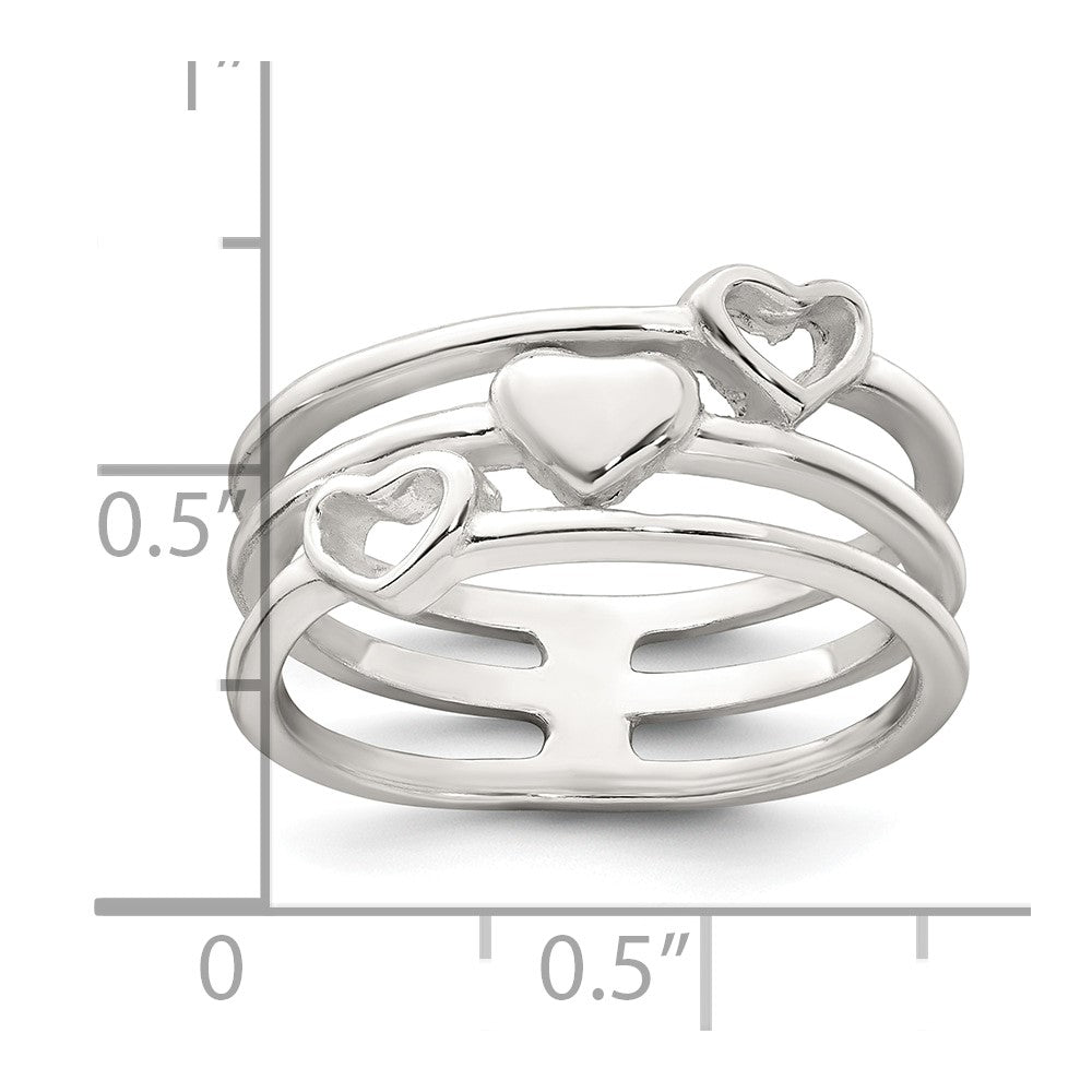 Sterling Silver Polished Hearts 3 Band Ring