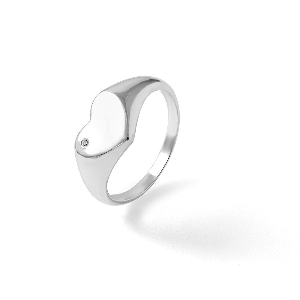 Sterling Silver Polished CZ Heart Signet Ring