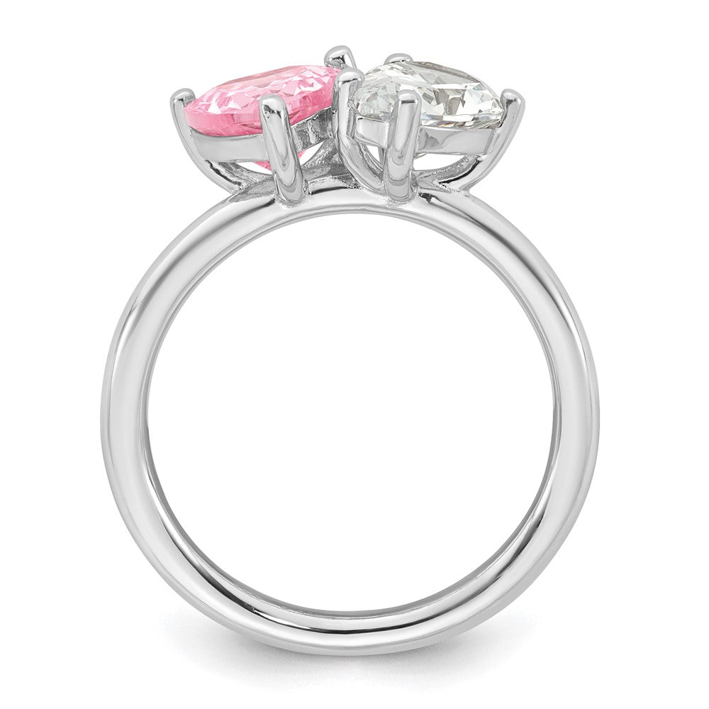Sterling Silver RH-plated Polished Pink White Heart and Pear-shaped CZ Ring