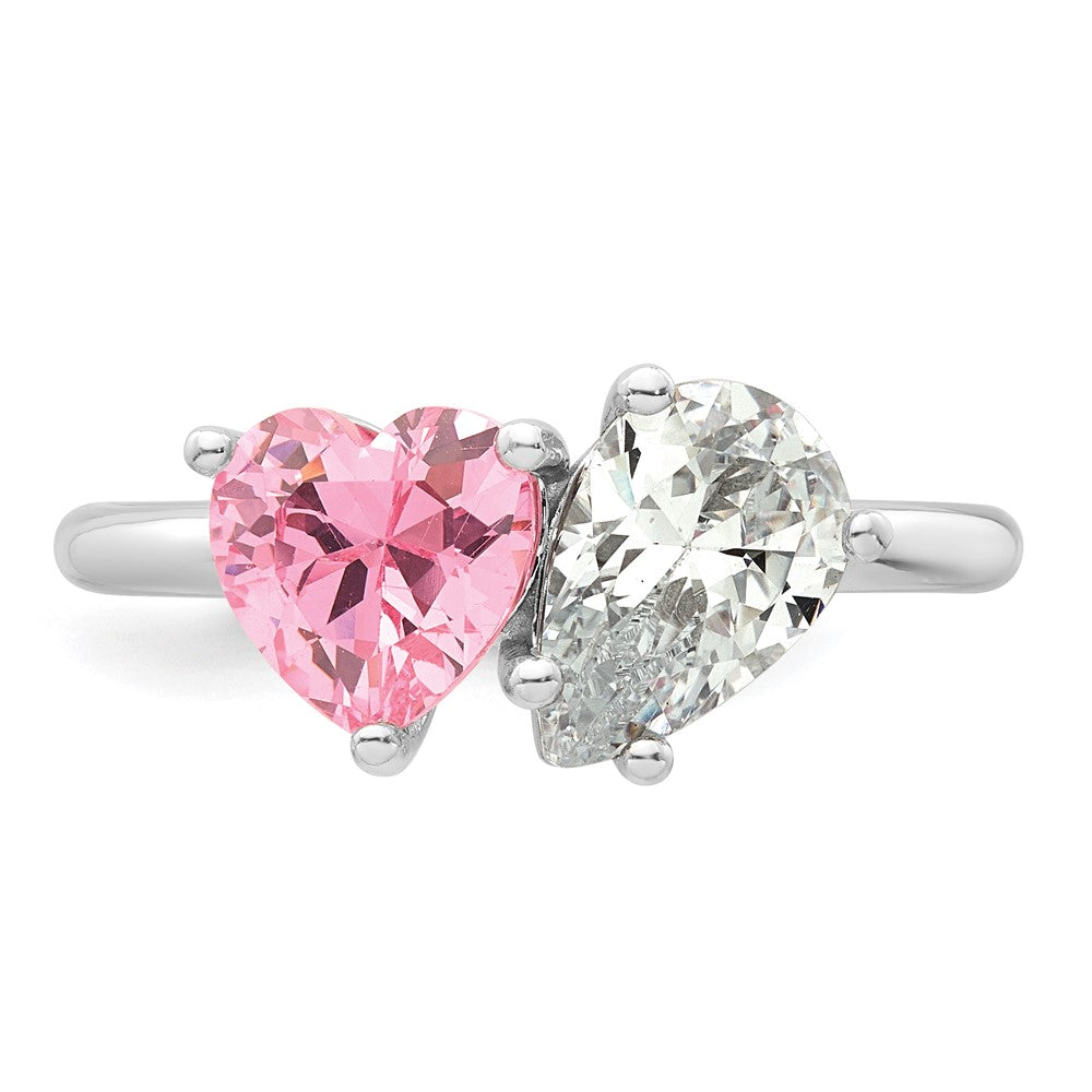 Sterling Silver RH-plated Polished Pink White Heart and Pear-shaped CZ Ring