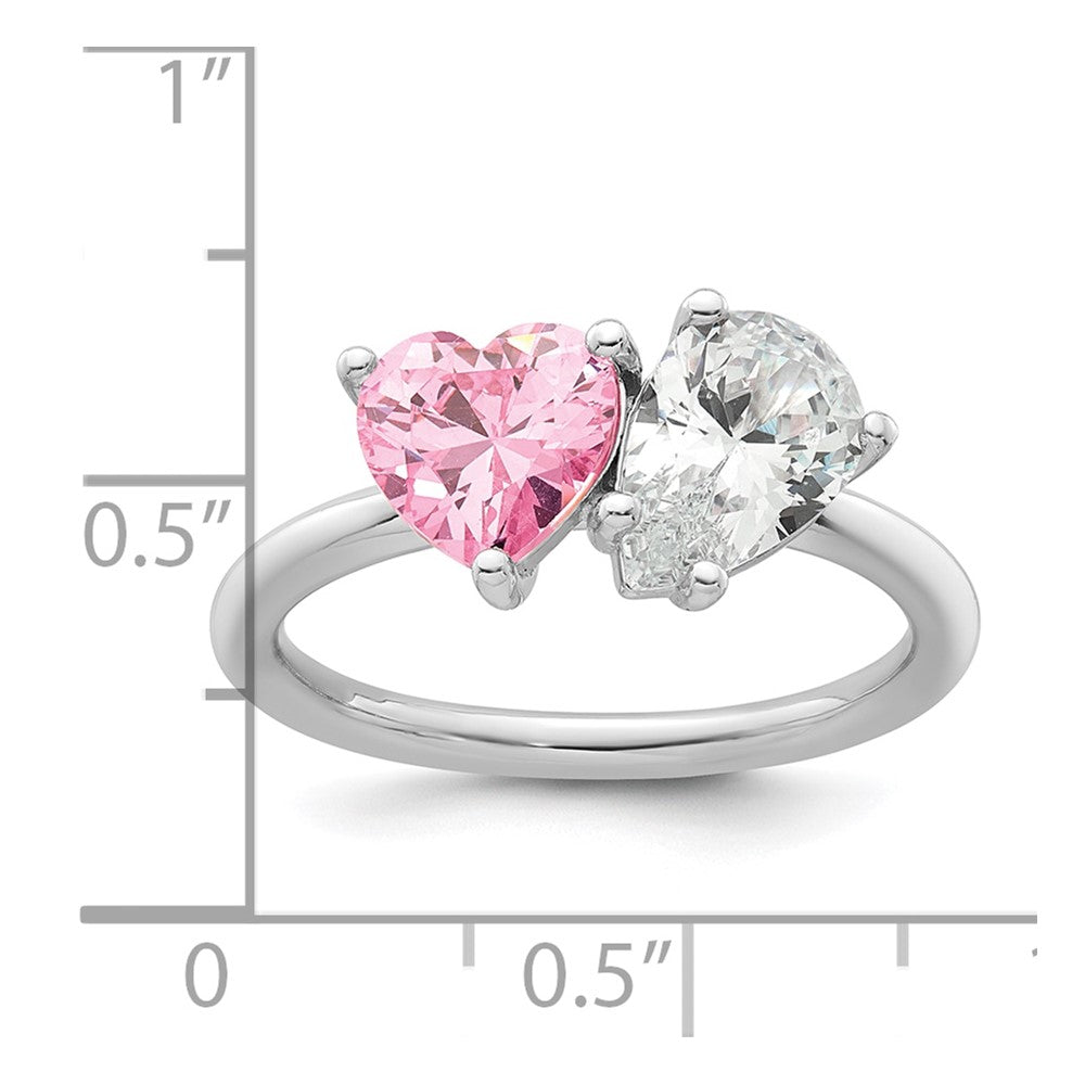Sterling Silver RH-plated Polished Pink White Heart and Pear-shaped CZ Ring
