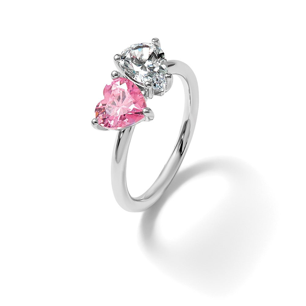 Sterling Silver RH-plated Polished Pink White Heart and Pear-shaped CZ Ring