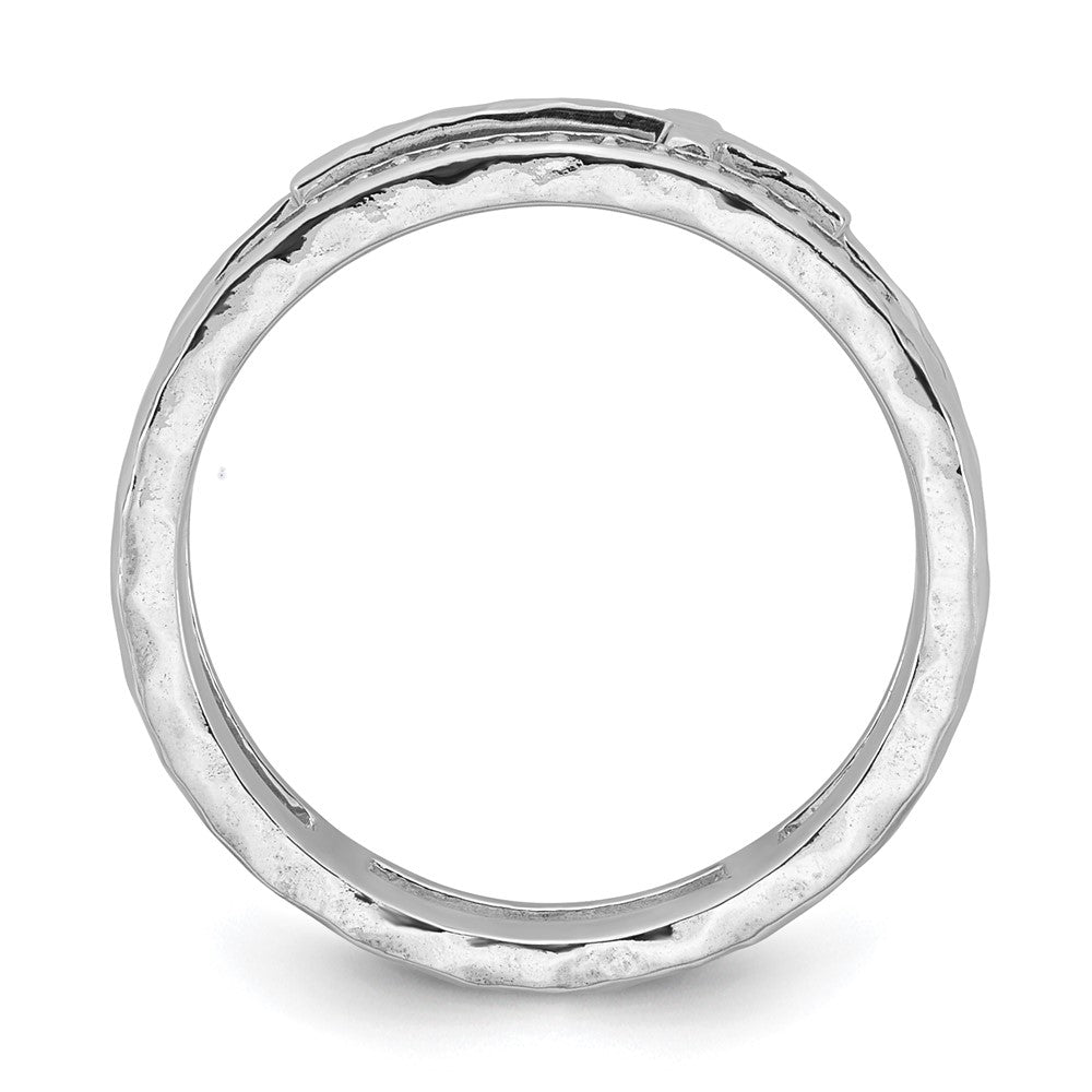 Sterling Silver Polished Rh-plated Hammered CZ Cross 2 Band Ring