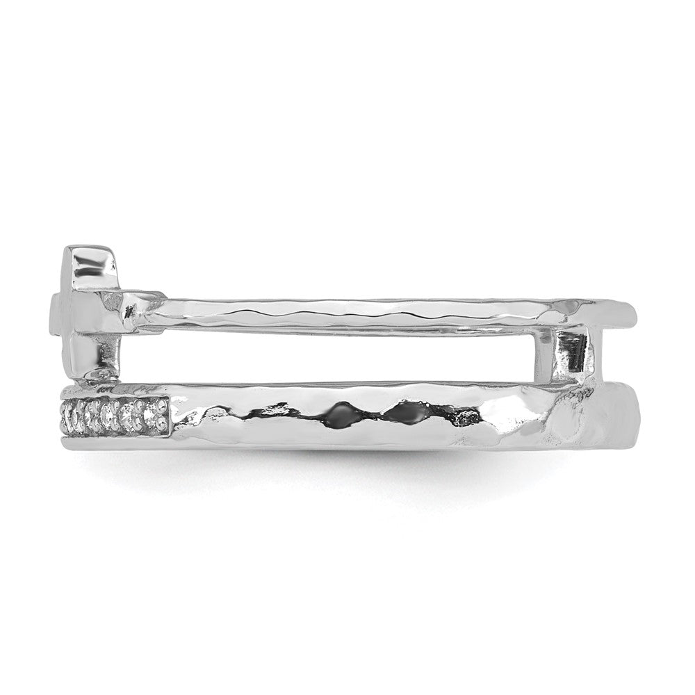 Sterling Silver Polished Rh-plated Hammered CZ Cross 2 Band Ring