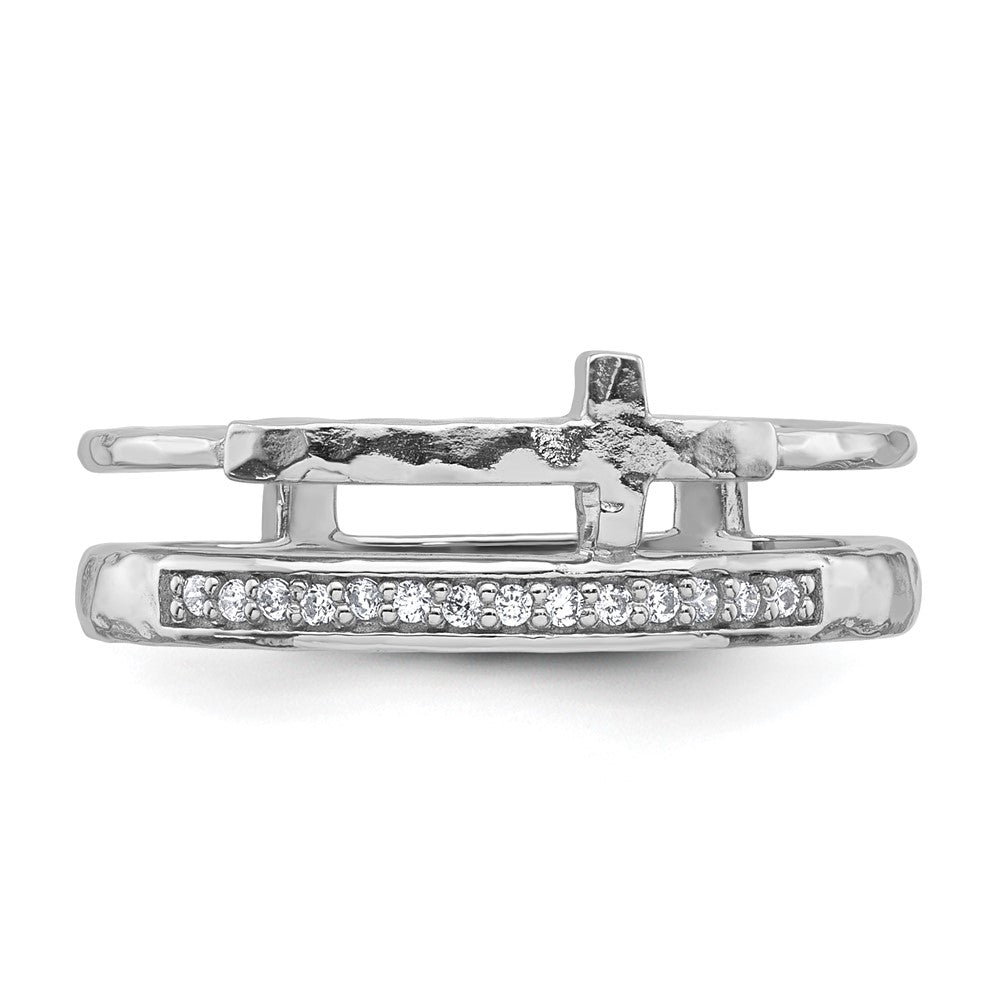 Sterling Silver Polished Rh-plated Hammered CZ Cross 2 Band Ring