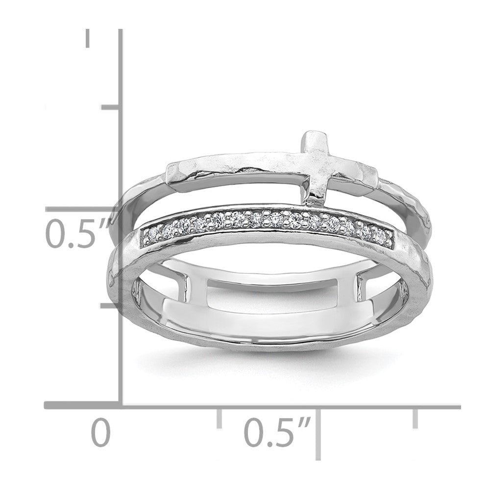 Sterling Silver Polished Rh-plated Hammered CZ Cross 2 Band Ring