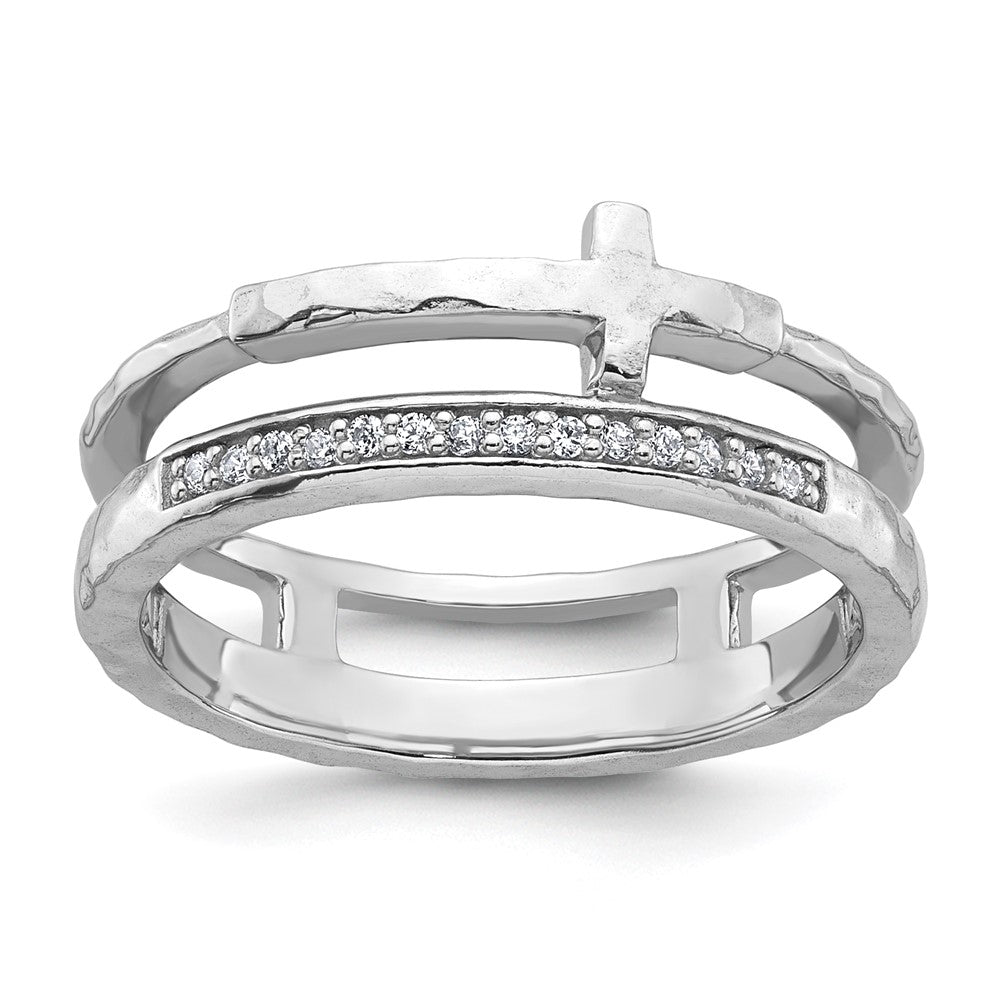 Sterling Silver Polished Rh-plated Hammered CZ Cross 2 Band Ring