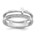 Sterling Silver Polished Rh-plated Hammered CZ Cross 2 Band Ring