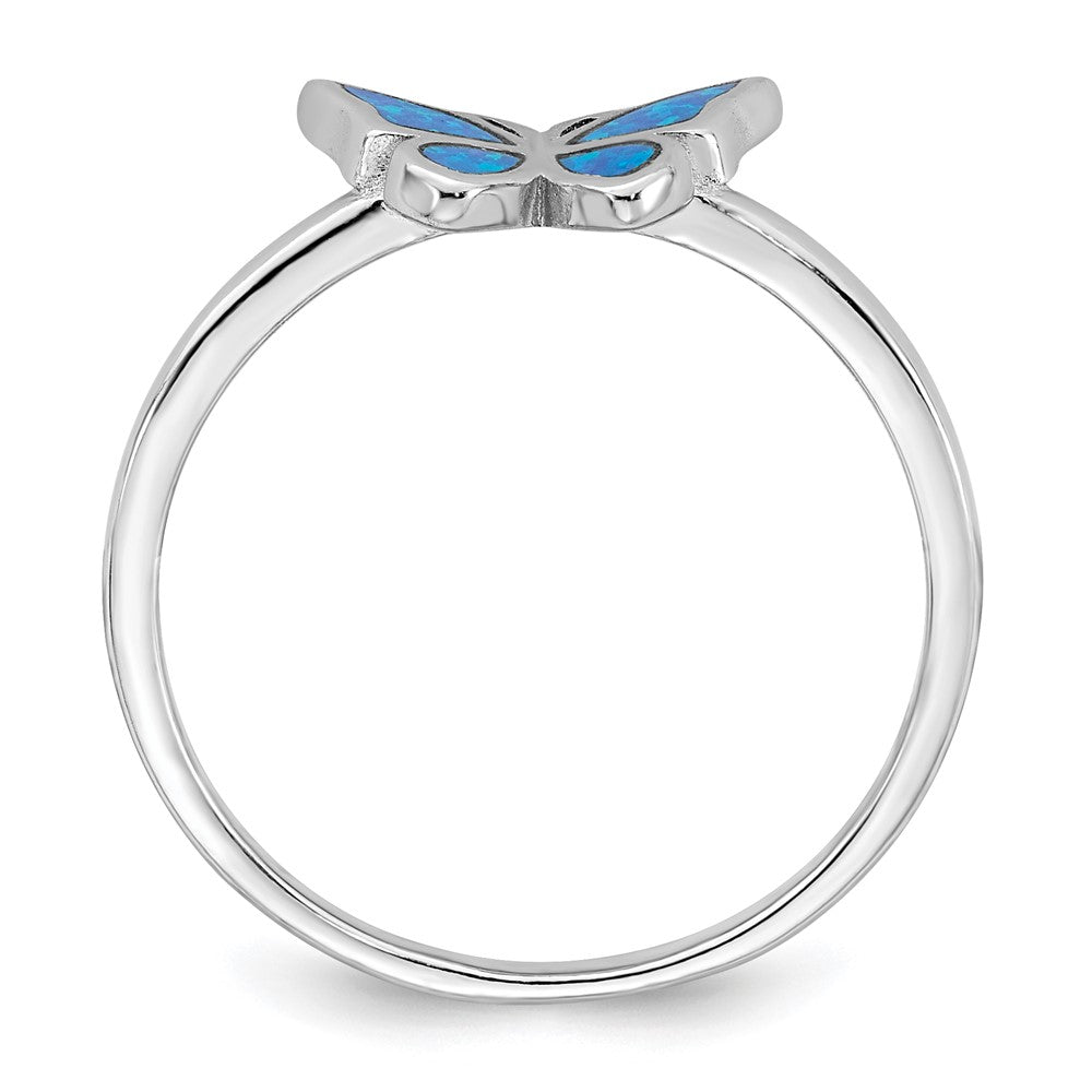 Sterling Silver Rhodium-plated Polished Blue Created Opal Butterfly Ring