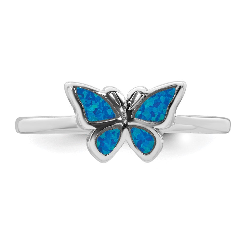 Sterling Silver Rhodium-plated Polished Blue Created Opal Butterfly Ring