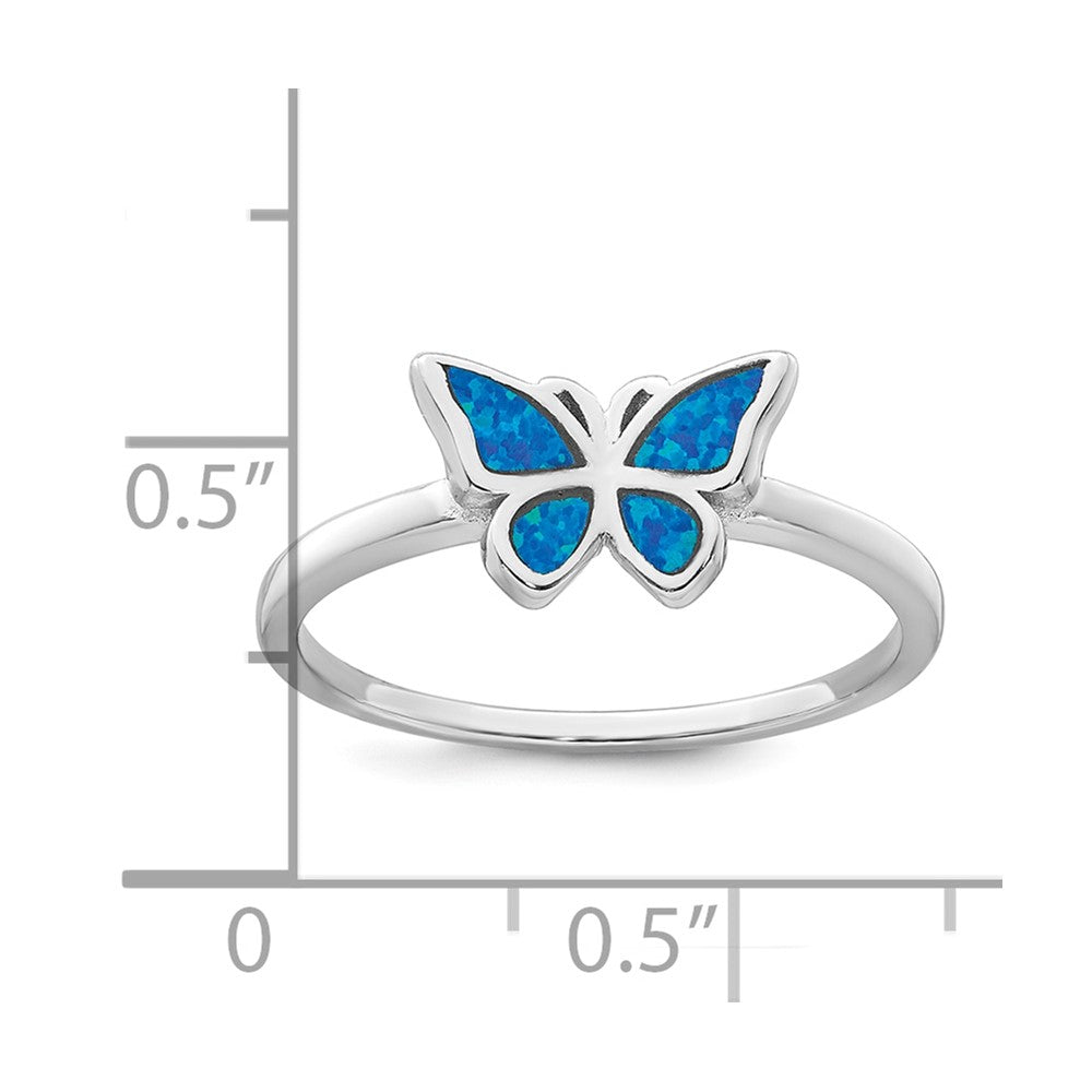 Sterling Silver Rhodium-plated Polished Blue Created Opal Butterfly Ring