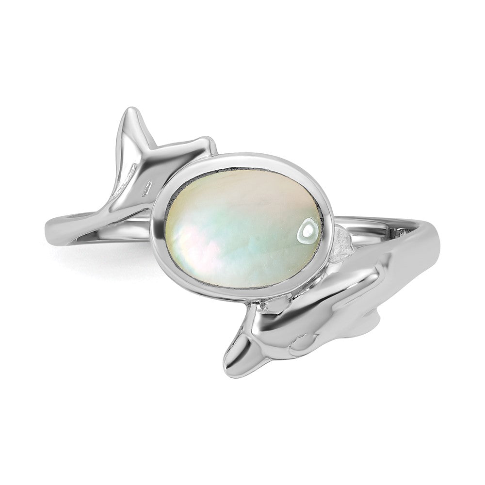 Sterling Silver Rhodium-plated Polished Mother of Pearl Dolphin Ring