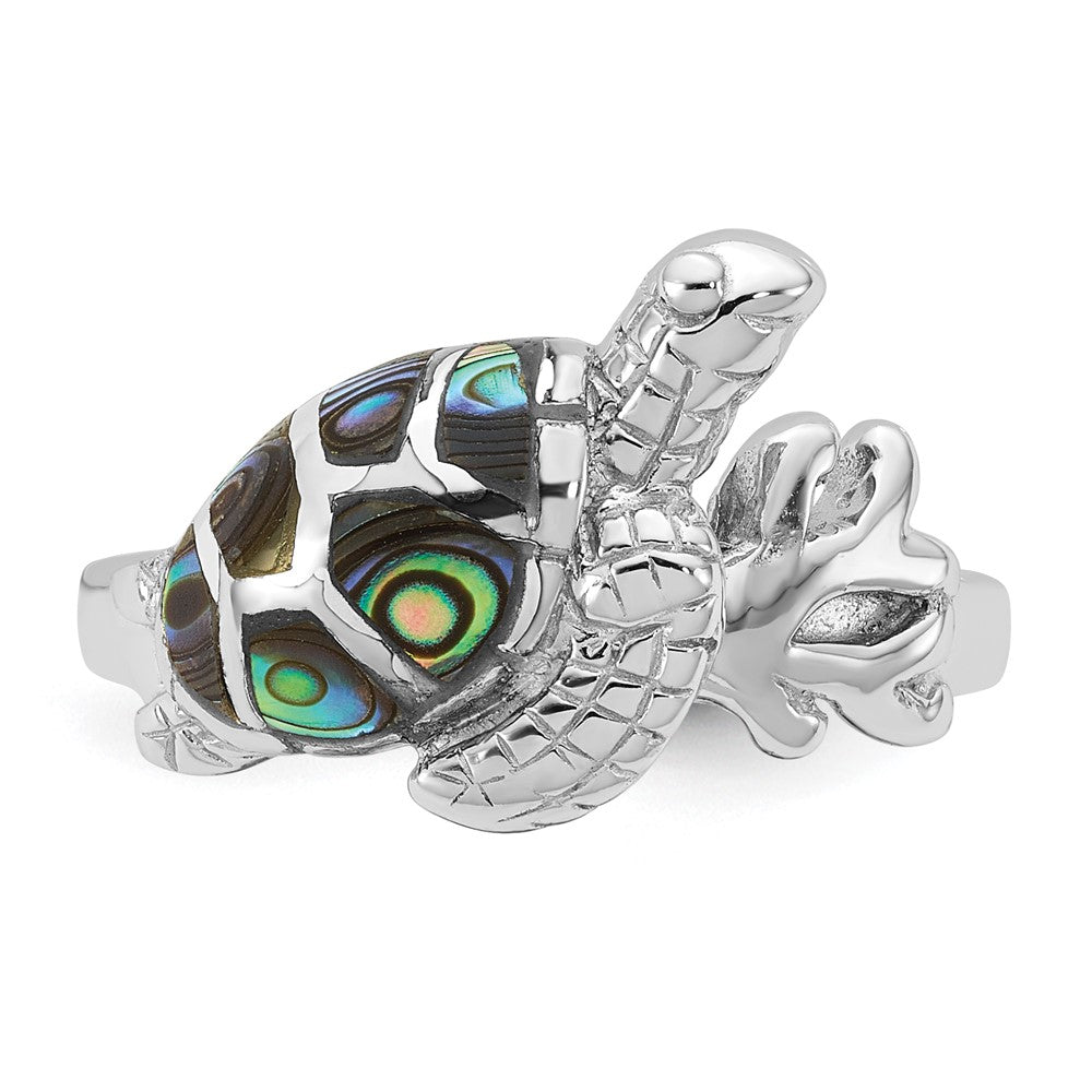 Sterling Silver Rhodium-plated Polished Abalone Sea Turtle Ring