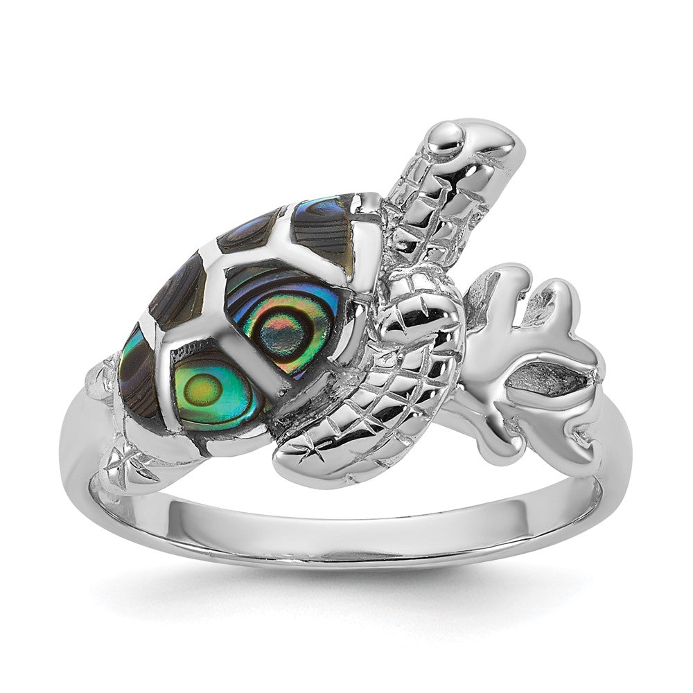 Sterling Silver Rhodium-plated Polished Abalone Sea Turtle Ring