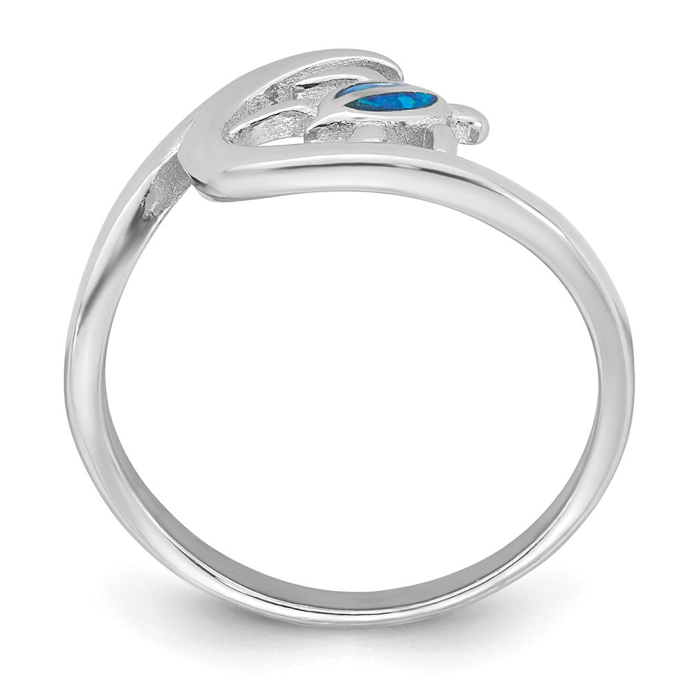 Sterling Silver RH-plated Polished Blue Created Opal Turtle on Wave Ring