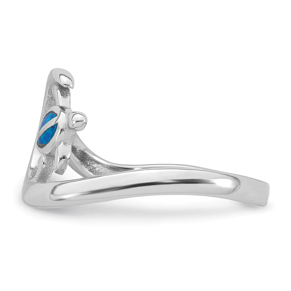 Sterling Silver RH-plated Polished Blue Created Opal Turtle on Wave Ring