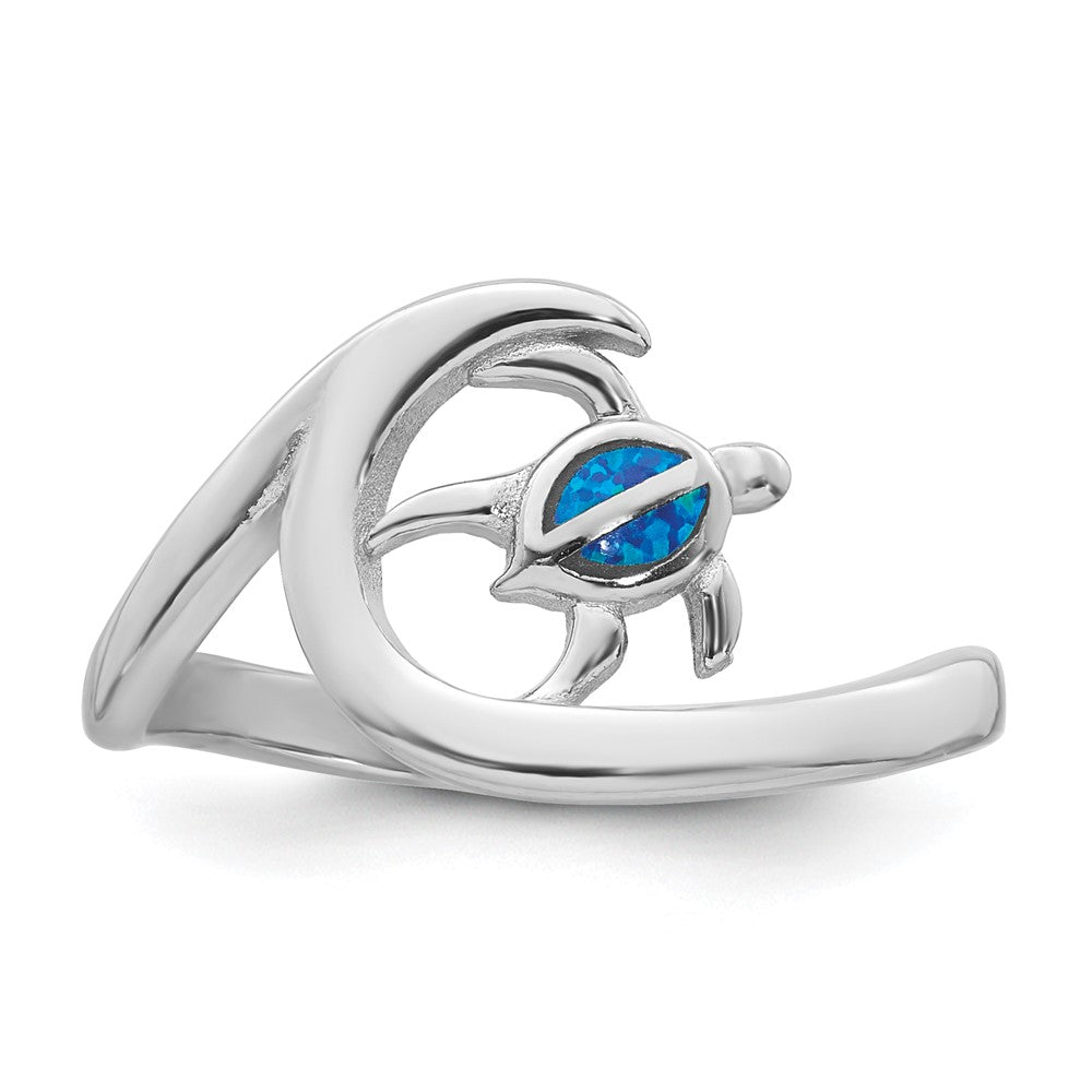 Sterling Silver RH-plated Polished Blue Created Opal Turtle on Wave Ring