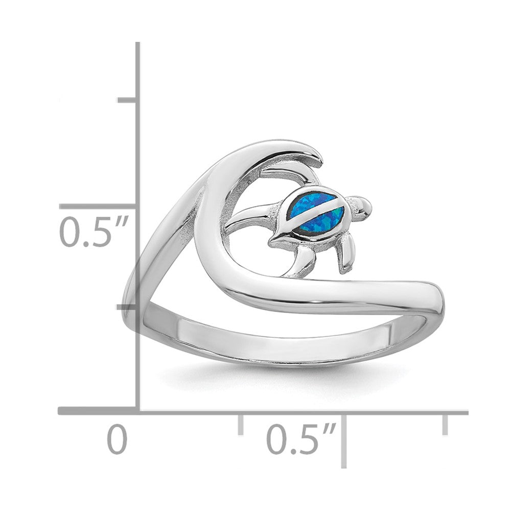 Sterling Silver RH-plated Polished Blue Created Opal Turtle on Wave Ring