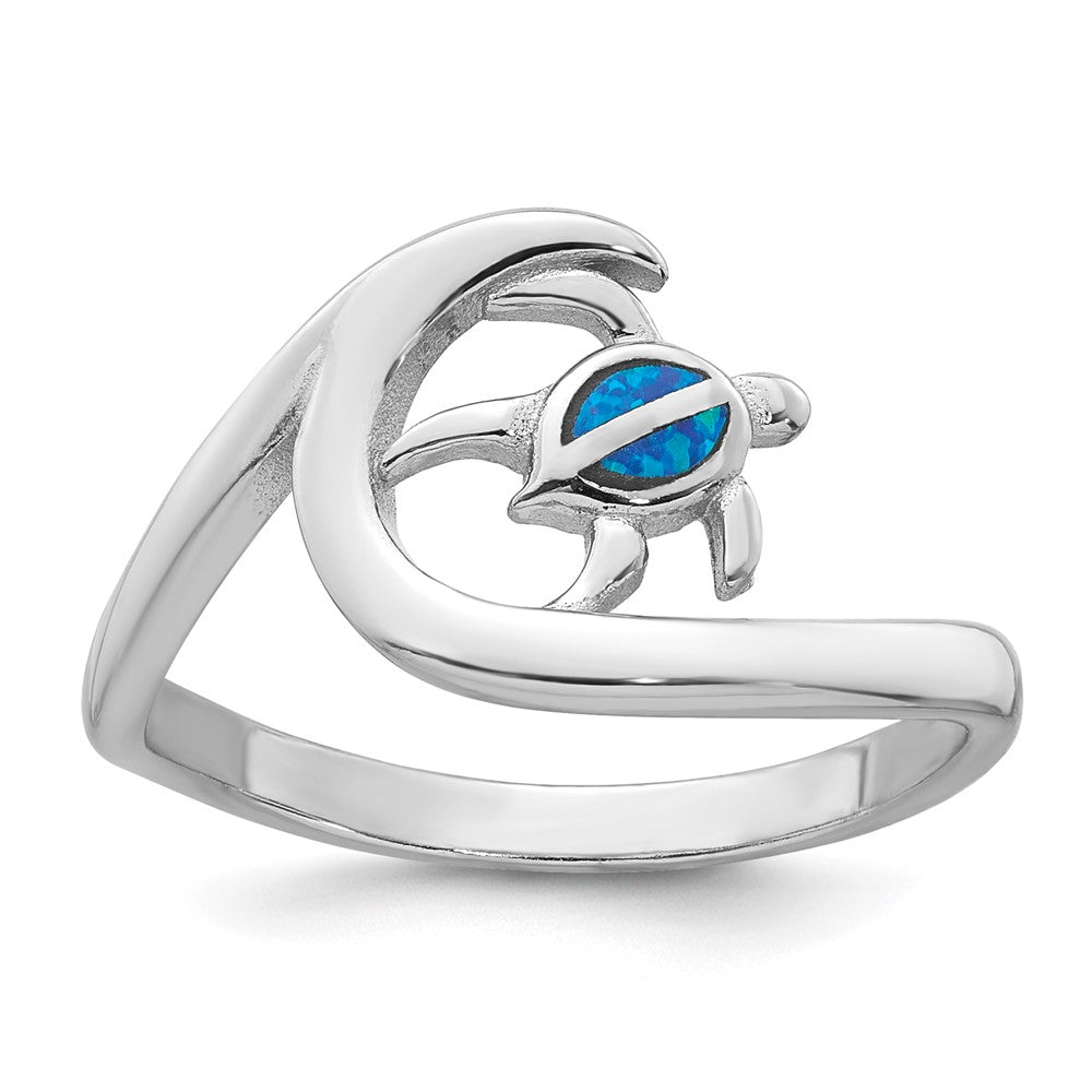 Sterling Silver RH-plated Polished Blue Created Opal Turtle on Wave Ring