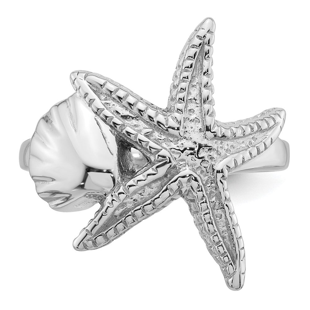 Sterling Silver Rhodium-plated Polished Sea Shell with Starfish Ring