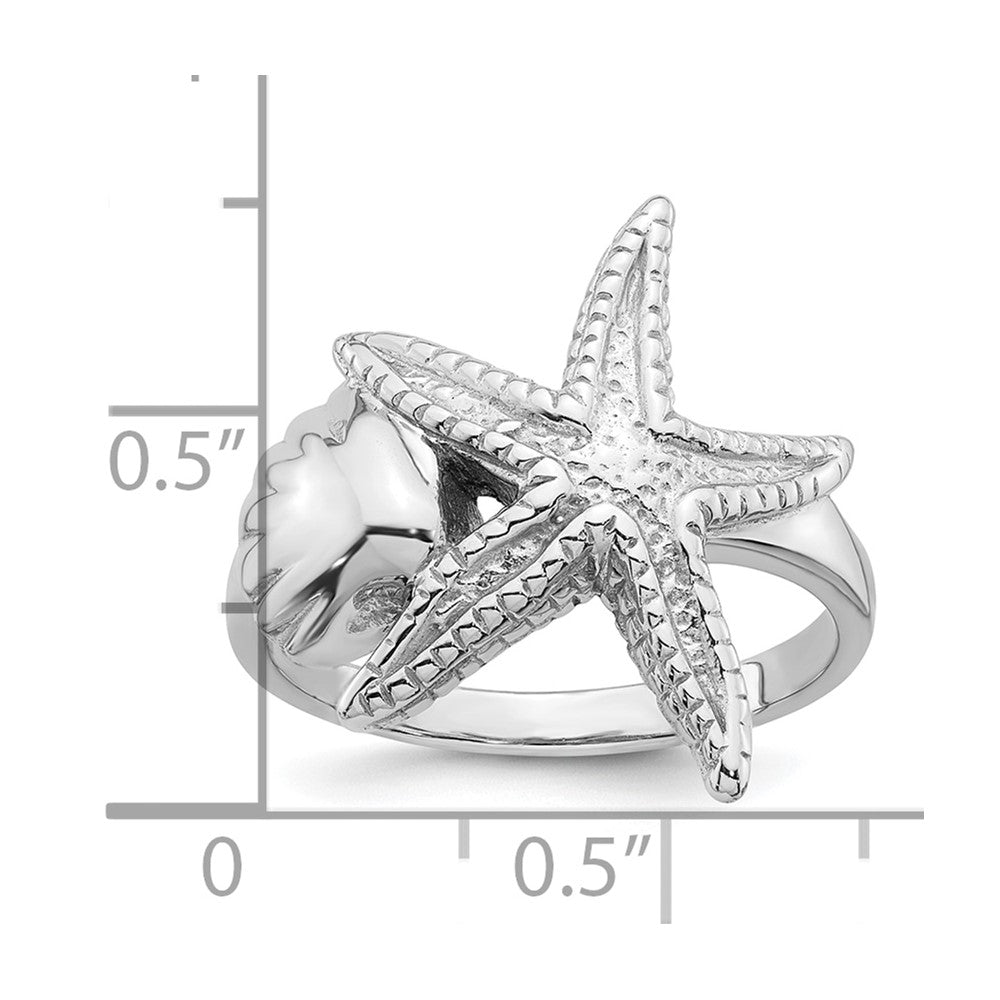 Sterling Silver Rhodium-plated Polished Sea Shell with Starfish Ring