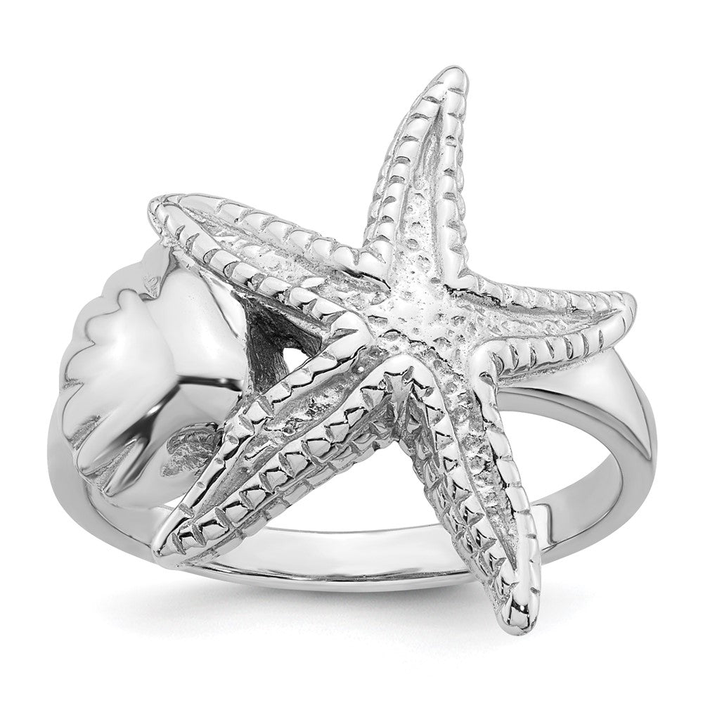 Sterling Silver Rhodium-plated Polished Sea Shell with Starfish Ring