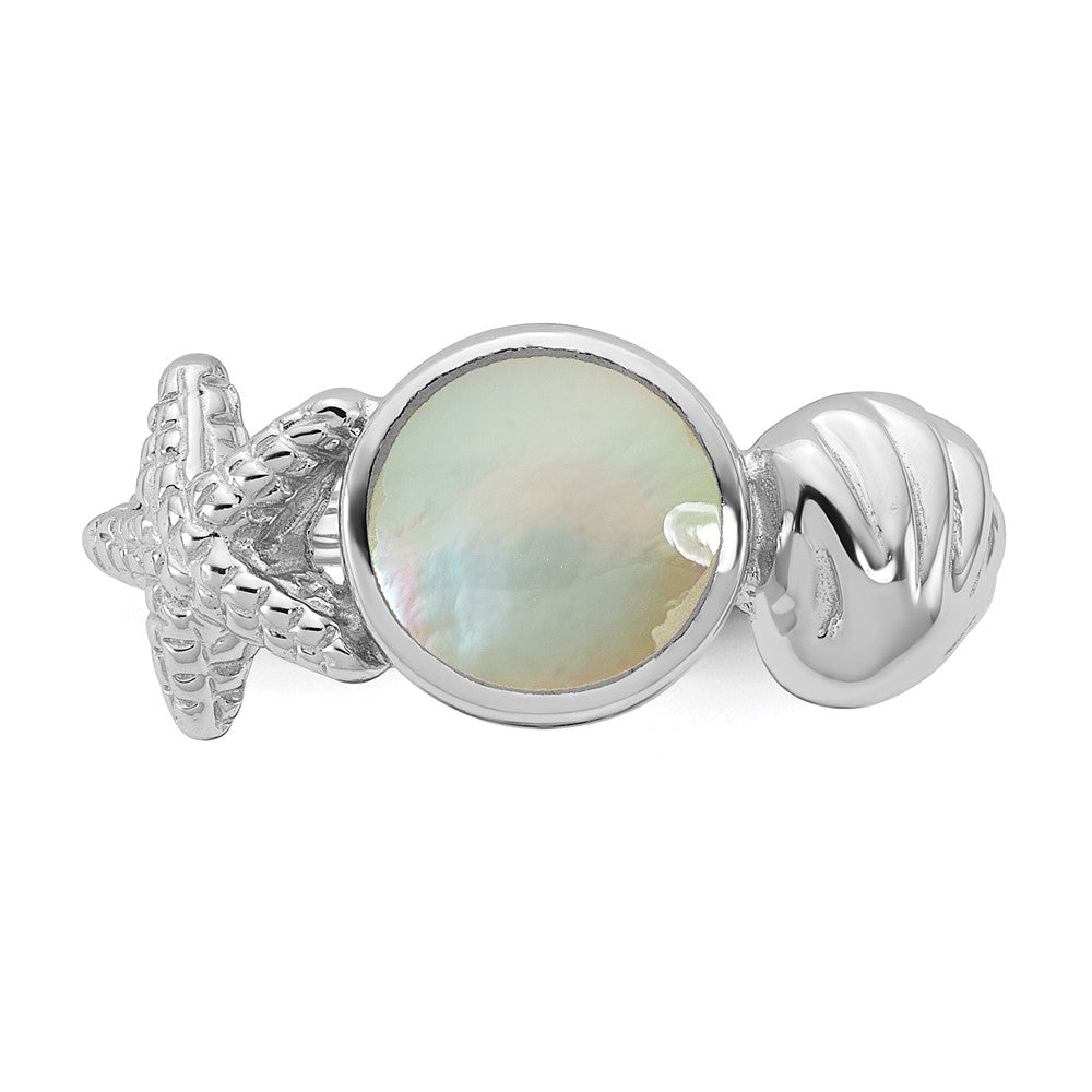 Sterling Silver Rhod-pl Polished MOP Sea Shell with Starfish Ring