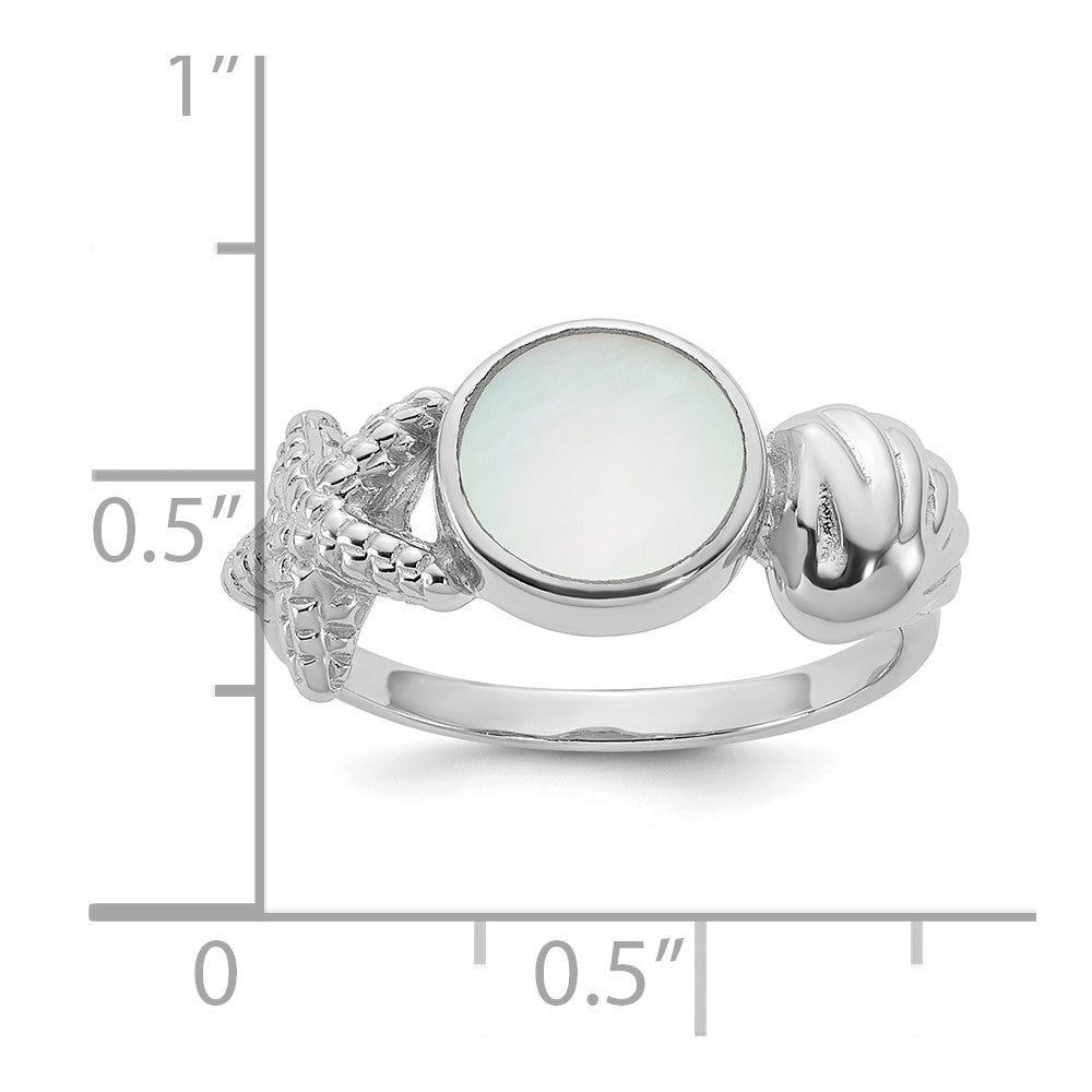 Sterling Silver Rhod-pl Polished MOP Sea Shell with Starfish Ring