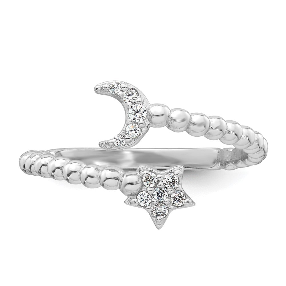 SS RH-plated Polished and Beaded Adjustable CZ Moon and Star Ring