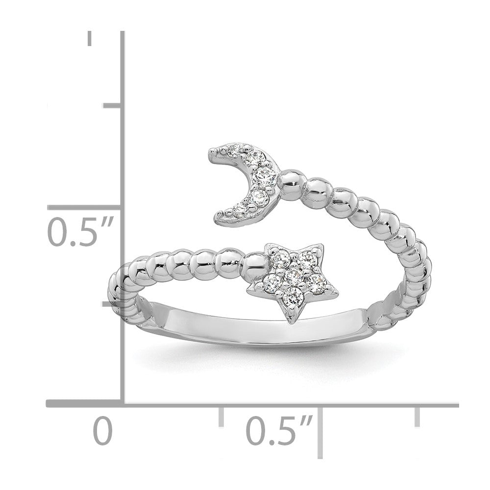 SS RH-plated Polished and Beaded Adjustable CZ Moon and Star Ring
