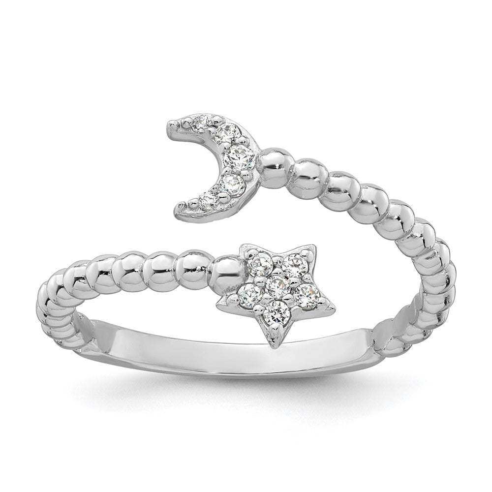SS RH-plated Polished and Beaded Adjustable CZ Moon and Star Ring