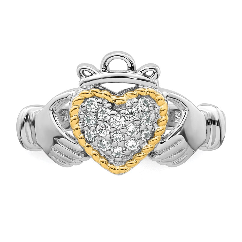 Sterling Silver RH-pl w/14k Accent Polished CZ Claddagh Ring